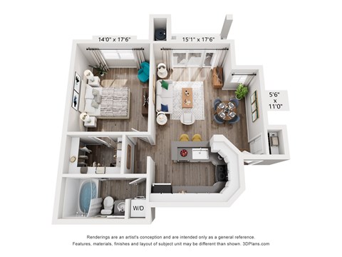 Floor plan for 1 bed, 1 bath, 750 sqft